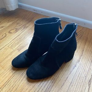 Black suede low heel booties